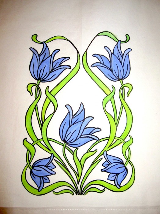 Art Nouveau panel detail. Hand painted over traced outline.