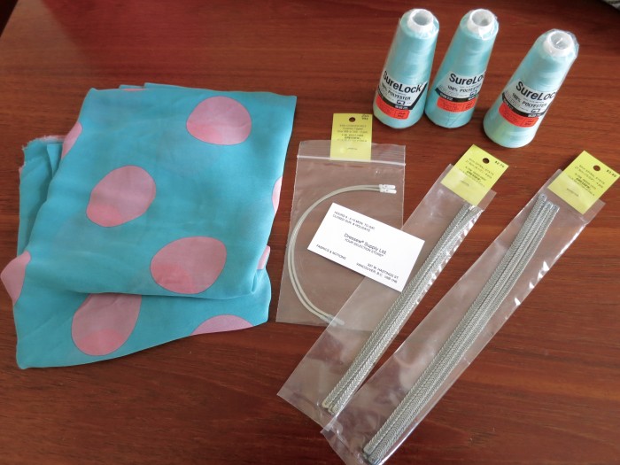 Dresssew Vancouver Haul: Pre-tipped boning, underwires, teal serger thread, and polkadot sheer.