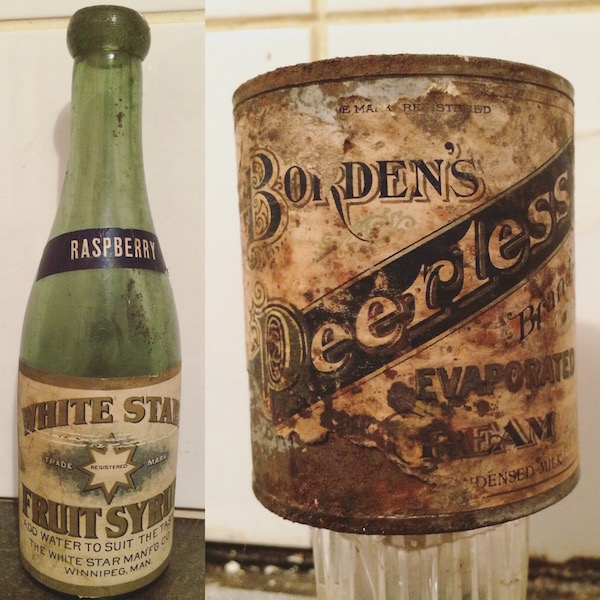 White Star Fruit Syrup bottle made in Winnipeg and a Peerless evaporated milk tin. 